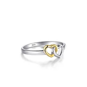Elegant S925 sterling silver interlocking heart ring with gold and silver dual-tone finish