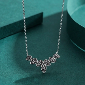 S925 sterling silver leaf pendant necklace with black micro-pave stones on cross chain