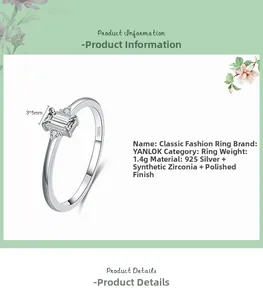 Macro detail of S925 sterling silver ring with emerald-cut rectangular zircon stone