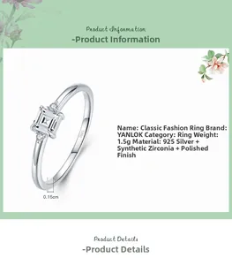 Nahaufnahme von 925 Silberring mit quadratischem Zirkonia und Produktabmessungen