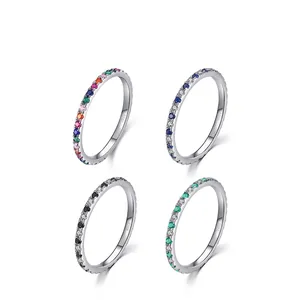925 Sterling Silver Zirconia Eternity Ring For Women Minimalist Rainbow Stone Stackable Thin Band Ring Fashion Jewelry Gift