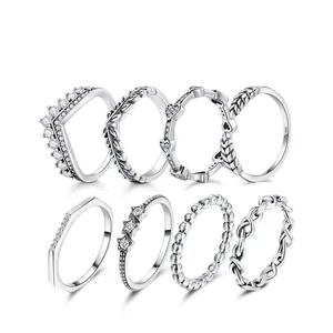Ensemble de 8 bagues en argent sterling S925 avec motifs couronne, cœur et feuilles