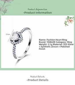 Detailed view of S925 silver heart ring showing 0.4cm width and sparkling zircon stones
