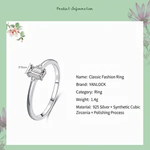 Elegant S925 sterling silver ring with rectangular zircon and side accents on white background