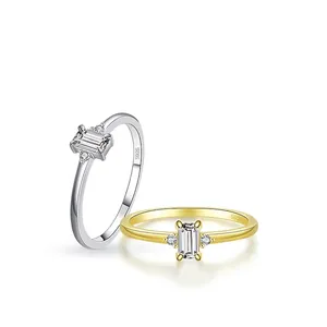 Elegant S925 sterling silver rings with emerald cut cubic zirconia in silver and gold
