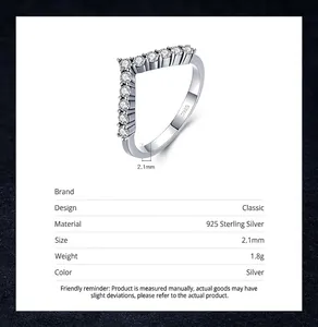 Classic S925 sterling silver V-shape arrow ring with 2.1mm band and sparkling zircon stones