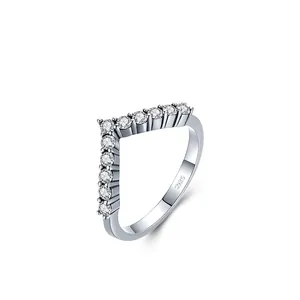 Elegant V-shaped S925 sterling silver ring with pavé zircon stones on white background