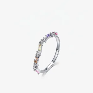 925 Sterling Silver Rainbow Stone Ring For Women Multi Color Baguette Round Rhinestones Pave Ring Fashion Jewelry Finger Ring