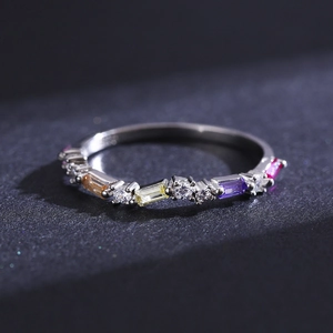 Minimalist S925 sterling silver ring featuring colorful baguette cut gemstone rows
