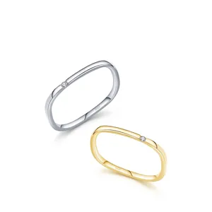 Bague Ouverte Carrée Géométrique en Argent Sterling 925 Minimaliste pour Femme Zirconia Incrusté Bijoux de Mode Or Argent