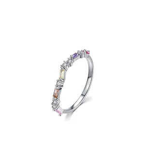 S925 sterling silver rainbow eternity ring with colorful rectangle zircons and white crystals