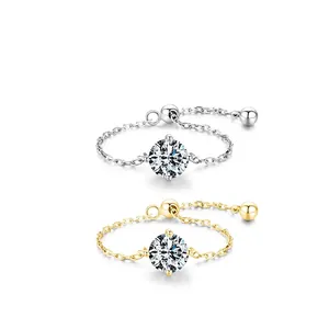 Adjustable S925 sterling silver chain rings with sparkling round-cut cubic zirconia stones