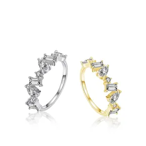 S925 sterling silver irregular zircon rings in silver and gold with mixed stone shapes