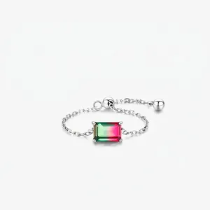 925 Sterling Silver Adjustable Chain Ring For Women With Rectangular Pink Green Gradient Watermelon Tourmaline Gemstone Jewelry
