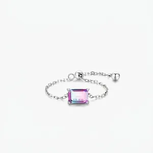925 Sterling Silber Verstellbarer Kettenring Rechteckiger Verlauf Zirkonia Minimalistischer Süßer Schmuck Für Damen Alltag
