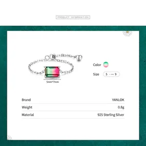 Adjustable S925 sterling silver chain ring with pink green watermelon tourmaline stone