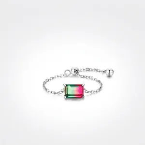 Adjustable S925 sterling silver chain ring featuring a rectangular watermelon tourmaline