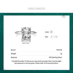 Bague scintillante en argent S925 avec grand zircon rectangulaire et sertissage à 4 griffes