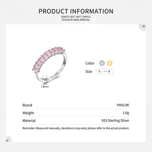 Minimalist S925 sterling silver ring with row of oval pink stones for women