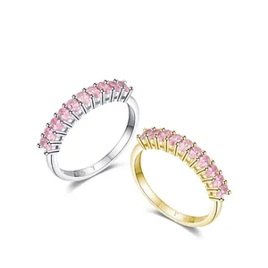 Minimalist S925 sterling silver eternity rings with pink oval-cut sparkling gemstones