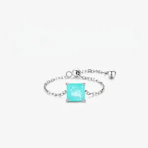 Minimalist 925 Sterling Silver Adjustable Chain Ring For Women Square Green Zirconia Imitation Paraiba Tourmaline Fashion Jewelry Finger Ring