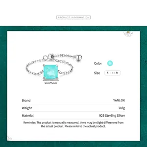 Adjustable 925 sterling silver chain ring with 5mm square turquoise stone for women