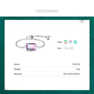 S925 sterling silver chain ring with a square pink-purple gemstone and adjustable size