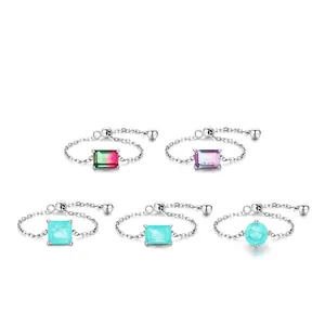 Adjustable S925 sterling silver chain rings with colorful Paraiba gemstones and beads