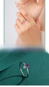 Macro detail of oval purple gemstone set in minimalist S925 sterling silver ring band