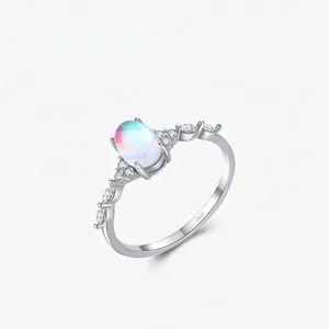 S925 Sterling Silver Moonstone Ring For Women Vintage Luxurious Geometric Inlaid Zirconia Elegant Finger Ring Jewelry Decoration Gift