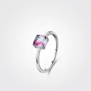 Elegant 925 Sterling Silver Square Gradient Tourmaline Ring For Women Minimalist Geometric Inlaid Colorful Gemstone Jewelry