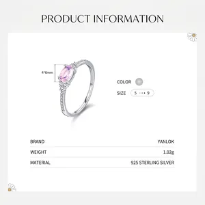 Bague en argent sterling S925 avec zircon rose ovale 4x6mm et pavé de pierres