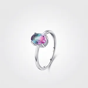 925 Sterling Silver Gradient Zirconia Ring For Women Paraiba Style Oval Tourmaline Look Fashion Minimalism Jewelry Gift