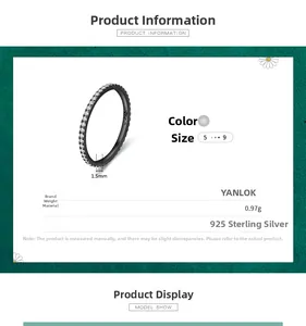 Detailed specs of 925 sterling silver black band ring with 1.5mm width and micro pavé cz