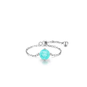 Adjustable S925 sterling silver chain ring with round cut Paraiba tourmaline stone