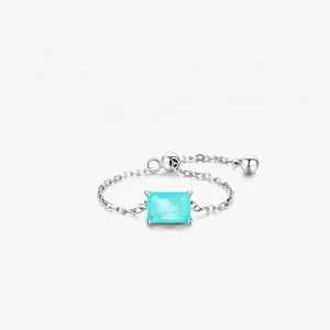 925 Sterling Silver Adjustable Chain Ring Rectangle Paraiba Blue Rhinestone Simple Design Fashion Finger Jewelry For Women