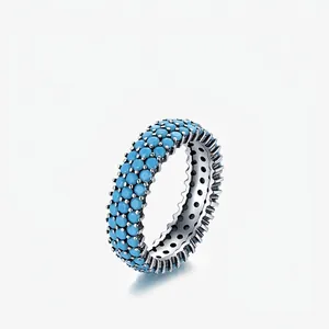 Bague Éternité Vintage en Argent Sterling 925 avec 3 Rangs de Turquoise Pavée Anneau Géométrique Minimaliste Bijoux pour Femme