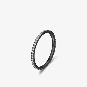 925 Sterling Silver Black Gunmetal Pave Rhinestone Ring For Women Men Minimalist Stackable Band Jewelry US Size 5-9