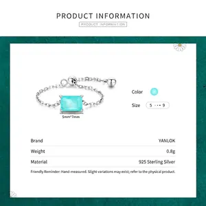 Adjustable 925 sterling silver chain ring with rectangular turquoise stone, sizes 5 to 9