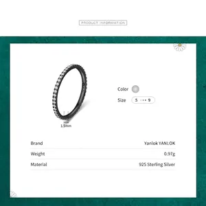 925 Sterling silver thin black eternity ring with sparkling stones and 1.5mm band width
