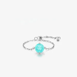 S925 Sterling Silver Round Light Blue Zirconia Adjustable Chain Ring Minimalist Fashion Jewelry For Women Gift