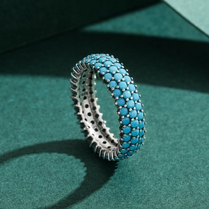 Bague éternité vintage en argent S925 sertie de trois rangées de turquoises rondes