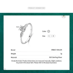 S925 sterling silver ring with 5mm zircon stone and leaf side accents in size 5-9