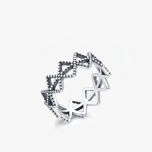 Retro 925 Sterling Silver Geometric Hollow Ring For Women Vintage Personalized Zigzag Wave Band Ring With Milgrain Edge Jewelry