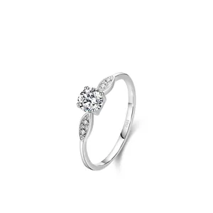 Elegant S925 sterling silver ring with a large round zircon and leaf motif accents