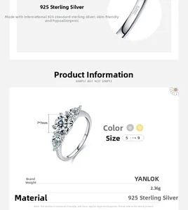 Détail d'une bague en argent sterling S925 avec zircon de 7x7mm et poinçon de métal poli