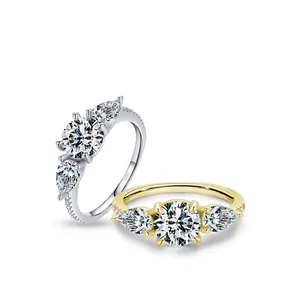 Bagues élégantes en argent S925 et plaqué or avec zircons ronds et poires