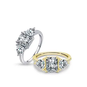 Luxury S925 sterling silver ring set with radiant cut moissanite and side stones