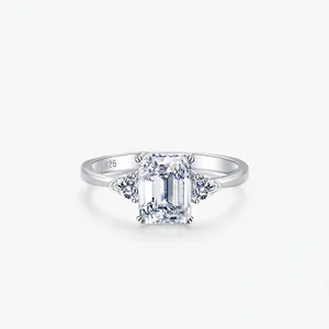 Emerald Cut Three Stone 925 Sterling Silver Ring For Women Sparkling Zircon Vintage Engagement Promise Jewelry