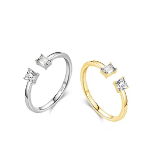 S925 sterling silver open rings in gold and silver finish with square zircon stones